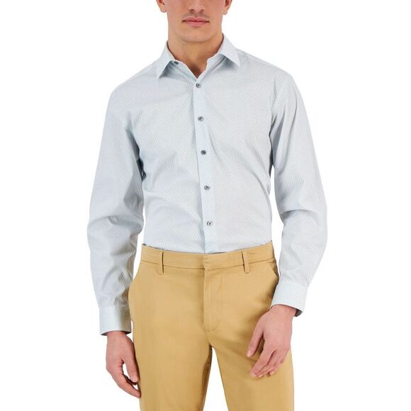 Alfani Dress Shirts Men's White Teal Honeycomb Print Stretch Button Up KLSS100 - Picture 9 of 9